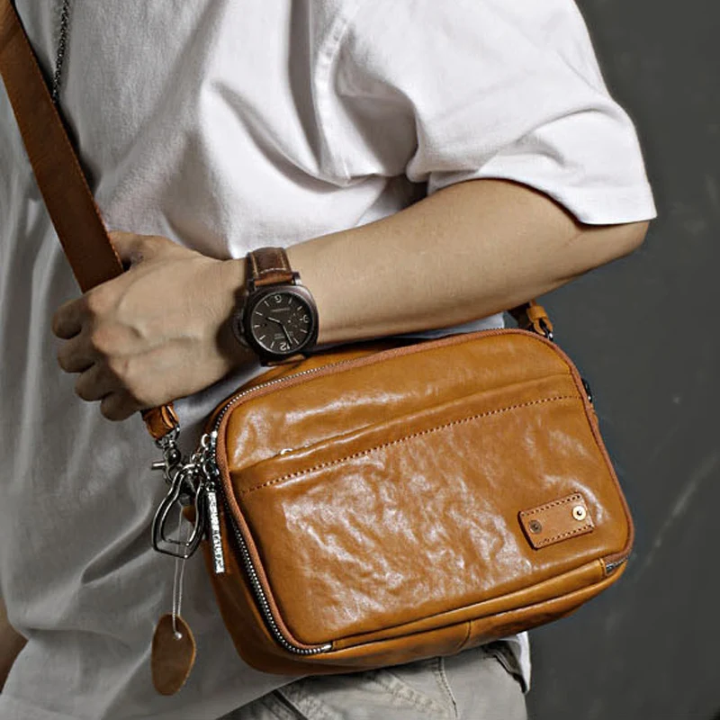New men's crossbody bag soft leather casual black baotou layer leather men's cross - style bag