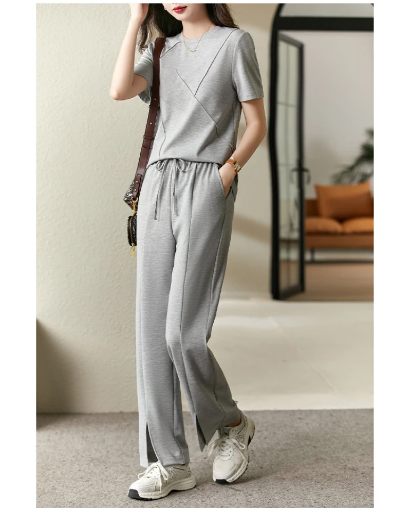 

2023 New Tops and Pants Set Summer Suit Casual Sports T-shirt Tops and Pants Fashion Short-sleeved Spring Solid Color Two-piece