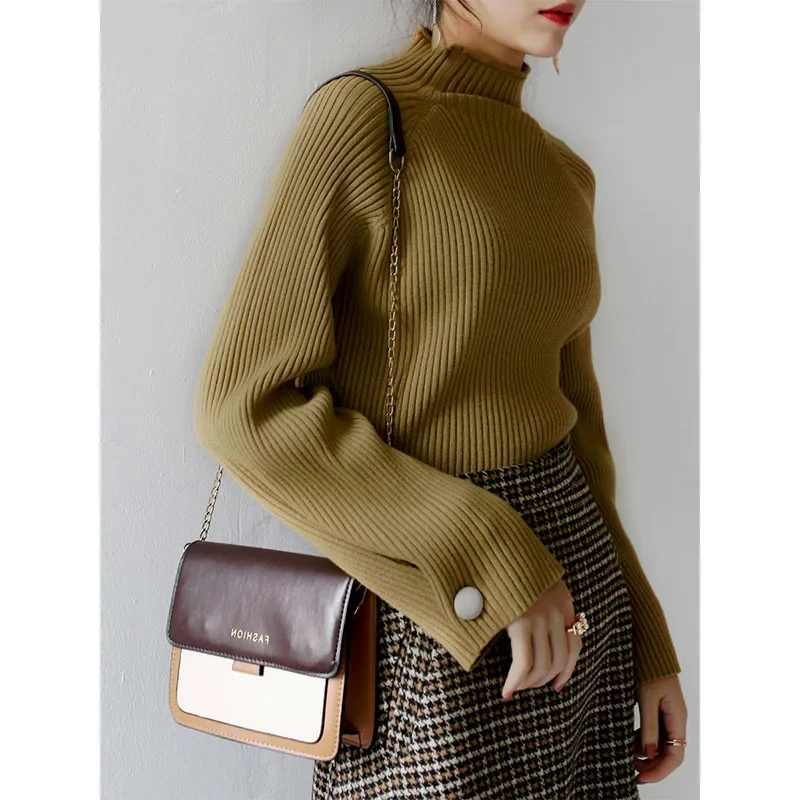 Элегантный женский свитер с воротником до половины поло во французском стиле