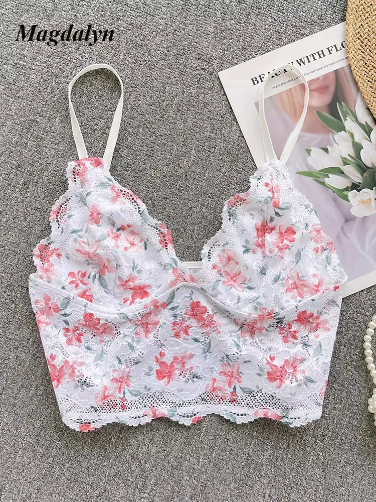 

Женская кружевная майка Magdalyn с цветочным принтом, летние майки с V-образным вырезом, повседневные богемные майки, модные летние корейские обтягивающие майки