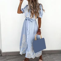women dress hollow out embroidery summer single breasted lace up maxi dress beachwear