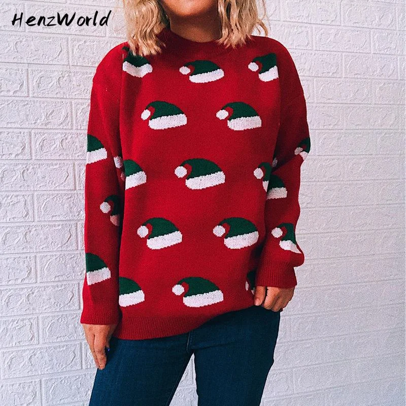 

Women's Sweater Winter Official Knitwears Christmas Knit Sweatershirt Long Sleeves Santa Hat Pullover Woman Traf Korean Clothing