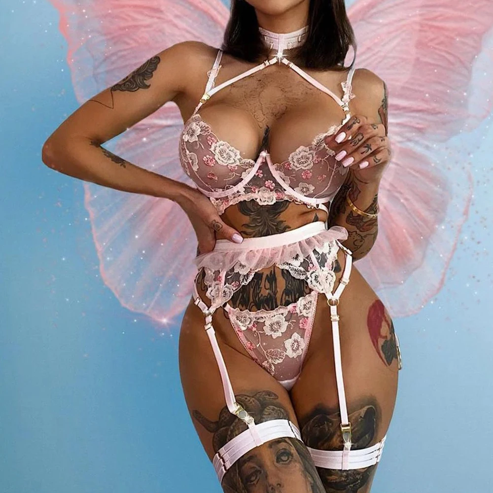 

Women Embroidery Erotic Lingerie Sexy Lace Sensual Underwear Set Floral Transparent Brief Sets Push Up Underwire Bra and Panty