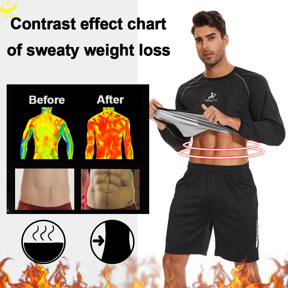 LAZAWG Sauna Top for Men Weight Loss Zipper Thin Long Sleeve Sweat Jacket Slimming Fat Burner Body Shaper Gym Sportwear