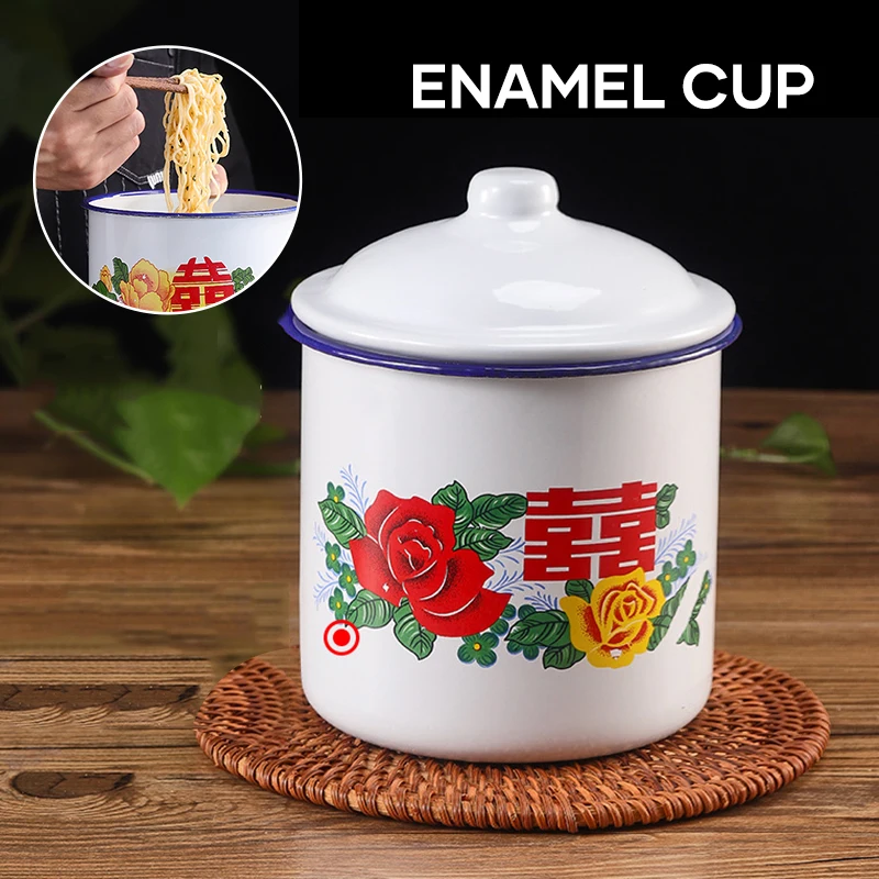 

Женская ностальгическая китайская эмалированная чашка с крышкой, креативная миска для лапши быстрого приготовления, Литературная чайная к...