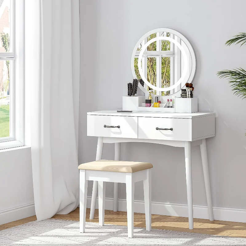 

UTEX Makeup Vanity Desk with Round Mirror and Lights,White Vanity Makeup Table, Small Vanity Table with 2 Drawers