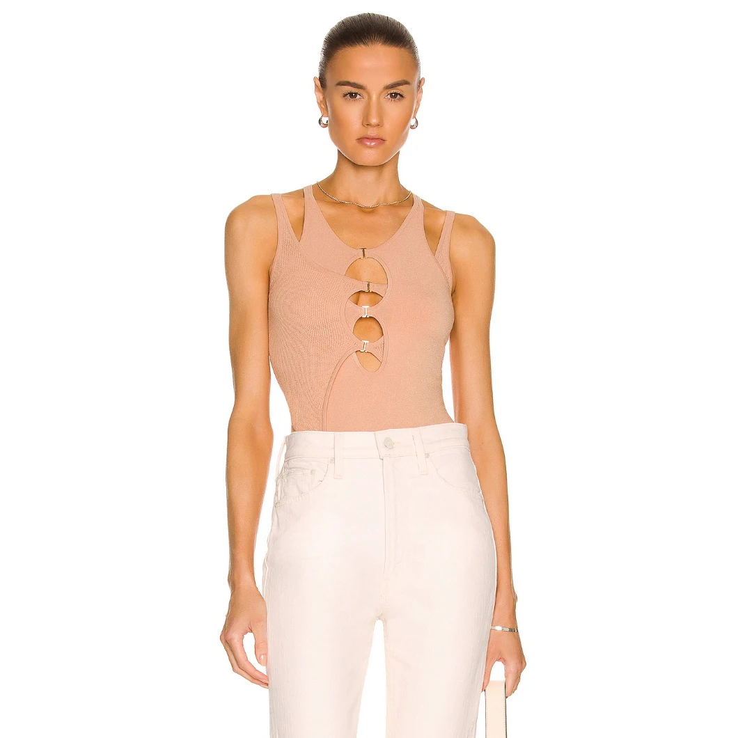 

2022 Spring/Summer new women's E-shaped buckle layered bodysuit, stitching hollow layered knitted vest suspender bodysuit