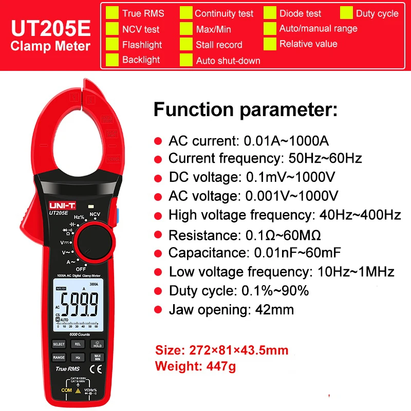 UNI-T UT207B UT208B True RMS Digital Clamp Meter AC DC Current 1000A 1000V Pliers Ammeter Voltmeter Temperature Capacitor Tester