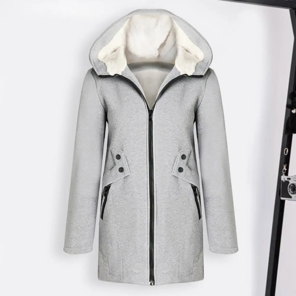 

Classic Casual Overcoat Slim Fit Comfy Women Pure Color Hooded Plush Lined Casual Long Coat Soft Women Coat Daily Clothing