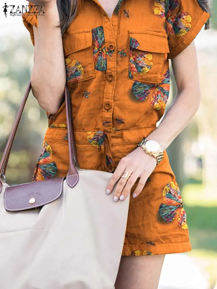 

Комбинезон ZANZEA женский с цветочным принтом, Элегантный Богемный повседневный костюм до колен с коротким рукавом, с лацканами, винтажное бод...