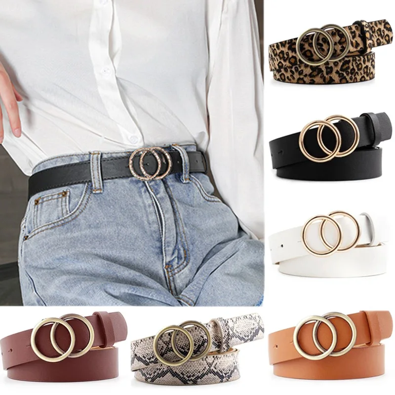 Double Ring Belts for Women Girls Fashion Leopard Waist Strap PU Metal Buckle Heart Pin Belt Leisure Dress Jeans Wild Waistband