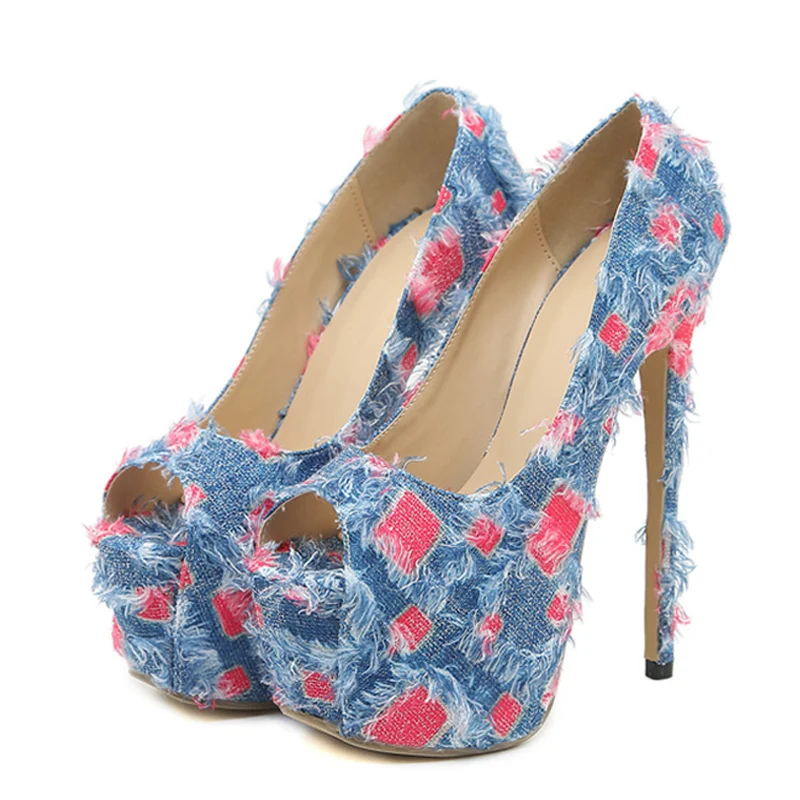 Blue Denim Women High Heels Sexy Nightclub Pole Dance Shoes Female Thick Bottom Open Toe Platform Pumps Stiletto Sandals