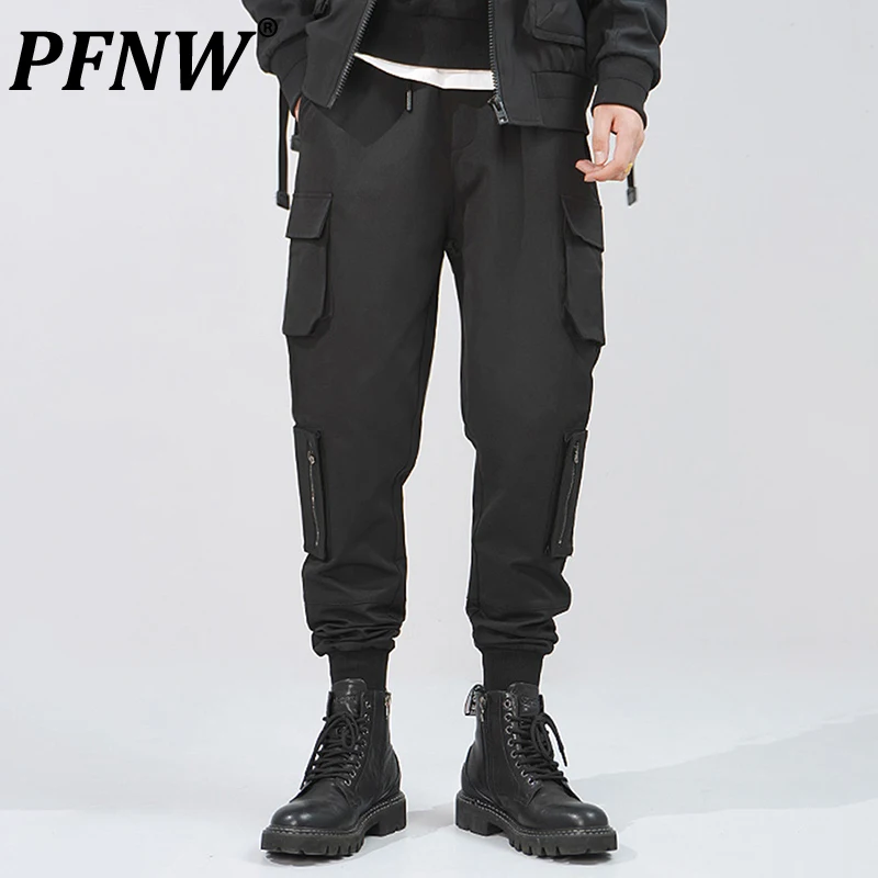 

PFNW Sping Autumn Men's Trendy Multi-pockets Drawstring Cargo Pants Darkwear Slim Anti-wrinkle Design Popular Trousers 12A8118
