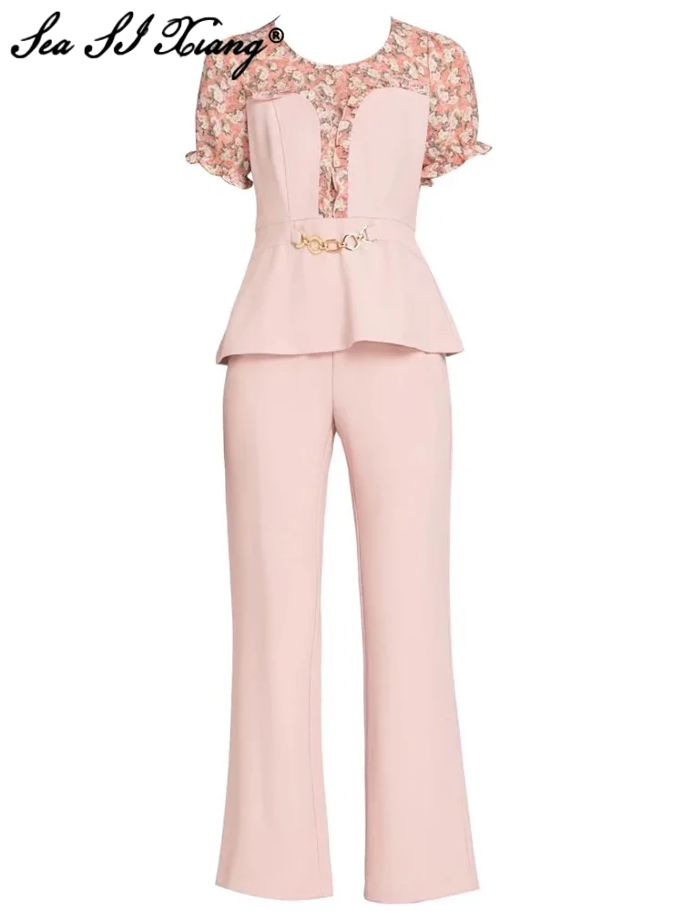 

Seasixiang Fashion Designer Summer Suit Women O-Neck Short Sleeve Ruffles Floral Print Tops + Long Pants Two Pieces Set
