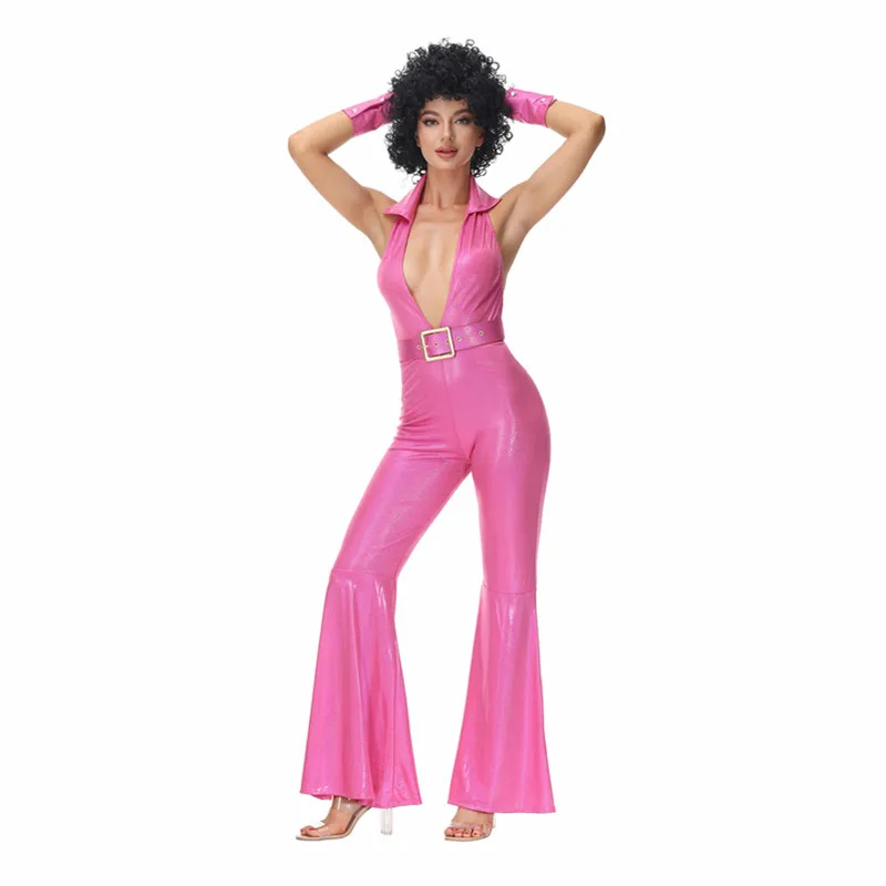 

New Bar Retro 70s Hippie Pink Disco One-piece Stage DJ Costume