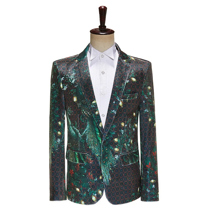 Mens Peacock Floral Tuxedo Blazer Stylish Luxury Single Breasted Velvet Suit Jacket Men Dinner Party Wedding Blazers Plus Size