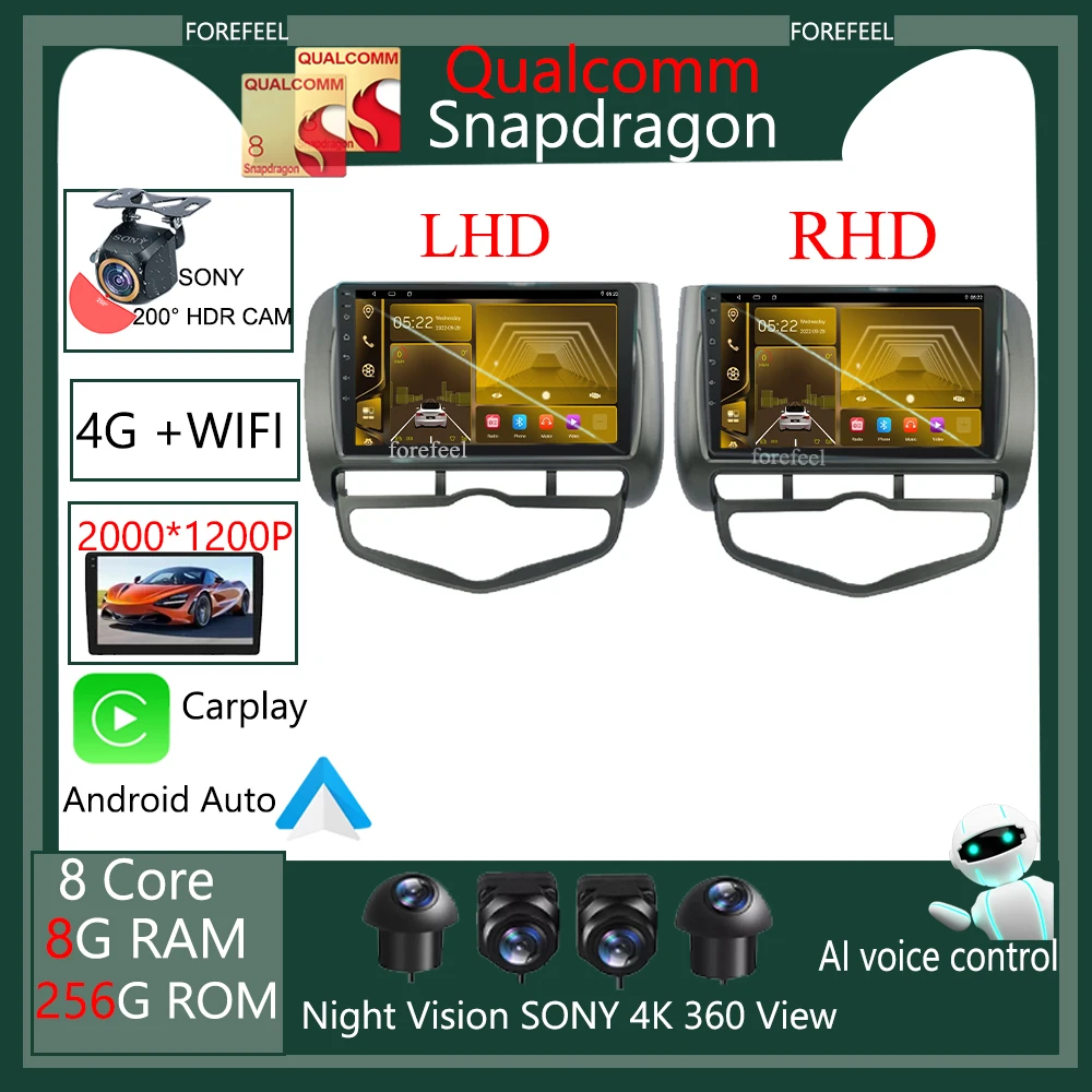 

Qualcomm DSP Carplay Android 12 For Honda Fit Jazz City 2004-2007 Car WIFI Radio Video Player GPS Touch QLED Screen Buletooth BT