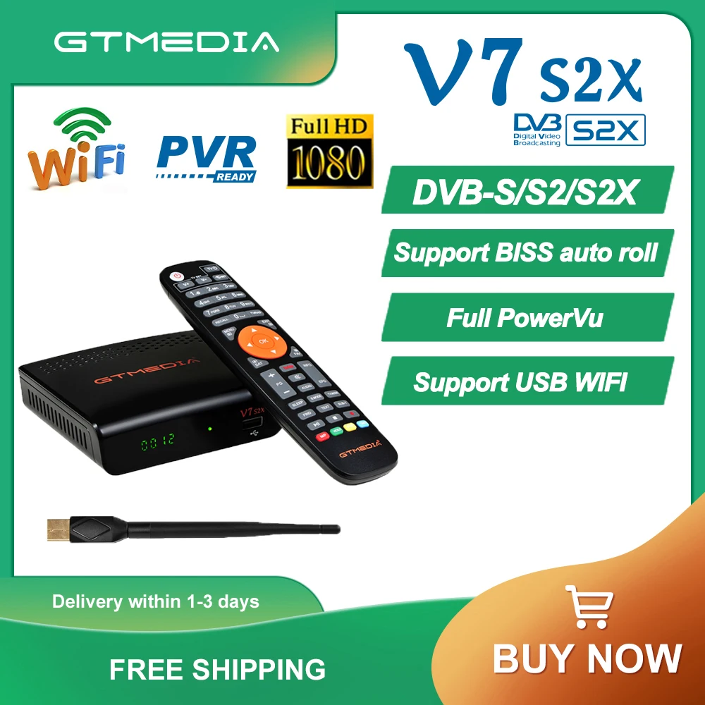 

GTMEDIA V7 S2X satellite receiver, DVB-S/S2/S2X, AVS, VCM/ACM/multi stream/T2MI/PLS, BISS auto roll, Full PowerVu, with USB WIFI