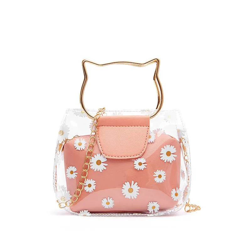 Cat Shape Handle Handbags Transparent Clear PVC Jelly Shoulder Bag Summer Women Girls Daisy Flower Mini Crossbody Messenger Bags images - 6