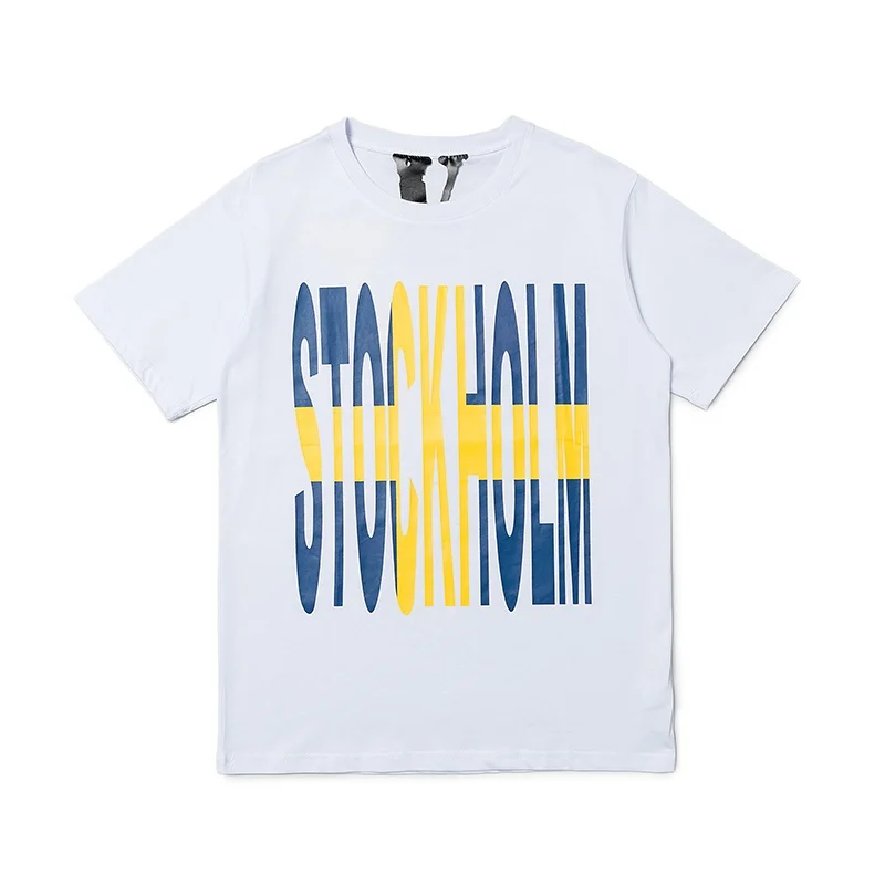 

22ss Vlone Summer Wear Street Cool Blue and Yellow Contrast Color Large V Casual Loose Teen Couple Short Sleeve T-shirt