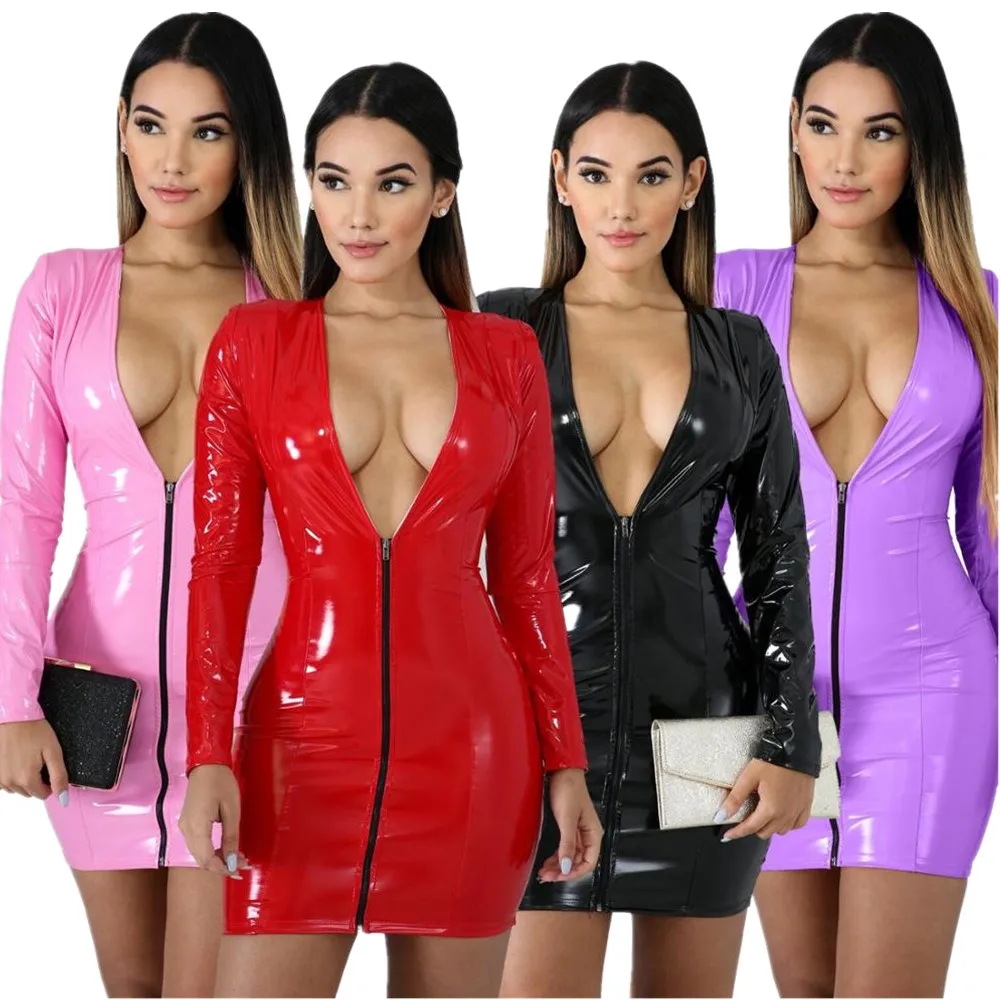 

Women Shiny Wetlook faux PU Leather Dress Long Sleeve Zipper Sexy Club Latex Sheath Deep Vneck Zippers High Elasticity Dresses