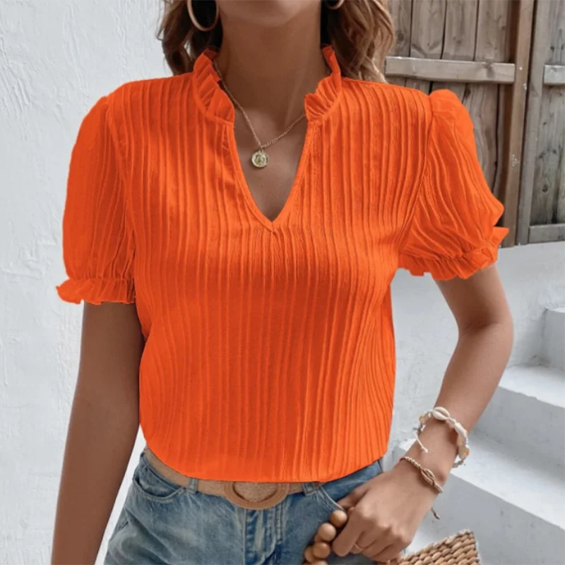 

2023 Summer Tops Women Clorhing Solid V-Neck Loose Casual Short Sleeve Shirt Woman Fashion Elegant Vintage Lace Blouse New 28006