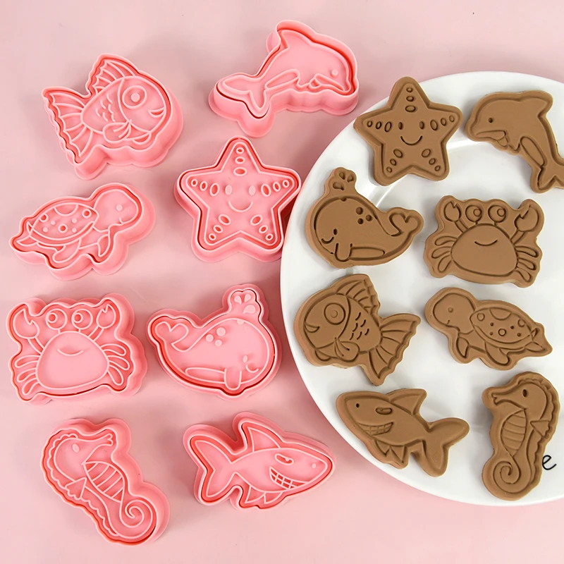 

8pcs Ocean Animal Biscuit Mold 3D Cartoon Starfish Crab Fish Dolphin Embosser Mold Fondant Tool Cookie Cake Pastry Home Baking