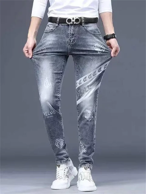 Mens stretch denim print pants jeans Korea slimming trendy casual jeans all-match light luxury men jeans pants for men 3