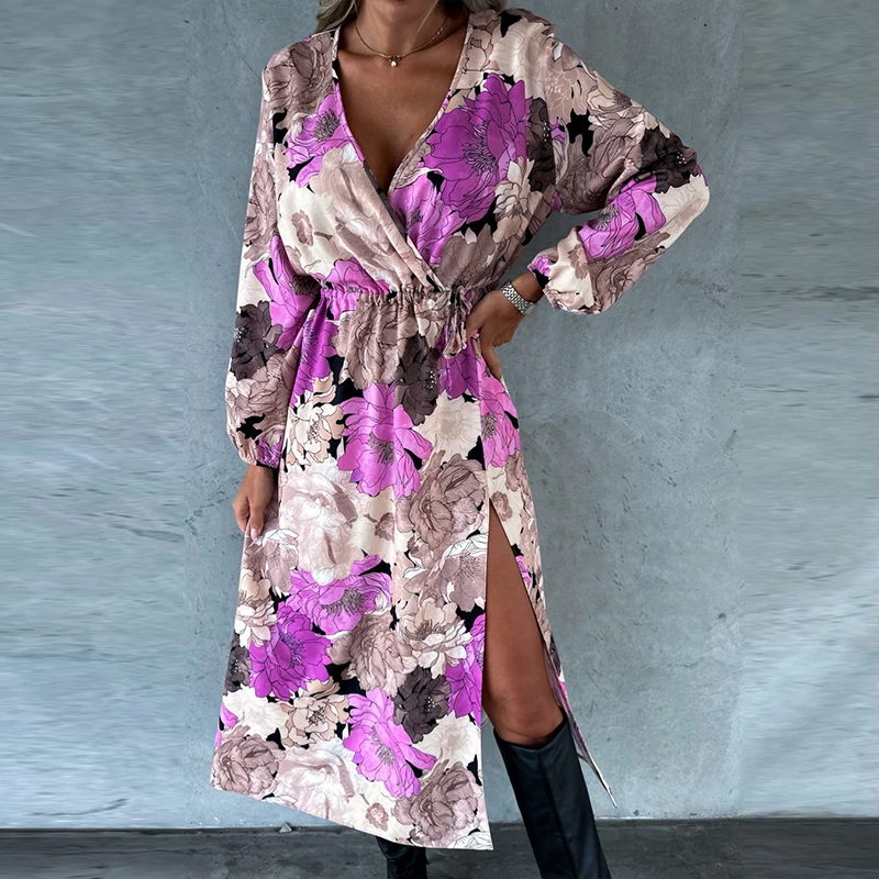 

Spring Floral Print V-neck Vintage Dress Autumn Loose Split Long Sleeve Long Dress Office Women Drawstring Elegant Party Dress