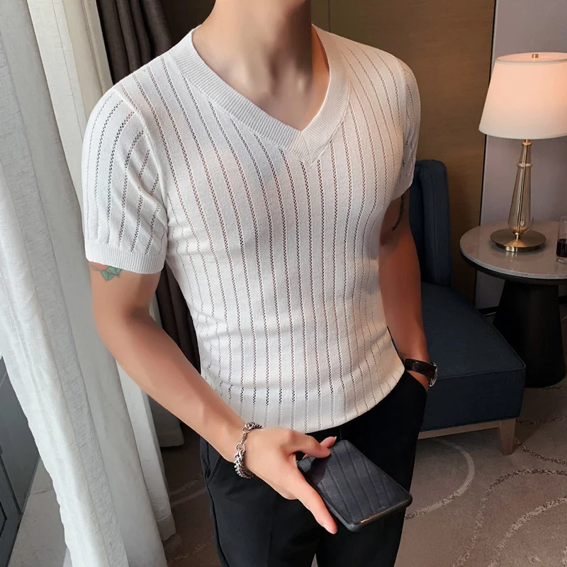 

2023 Men's Summer Casual Knitting Ice Silk T-shirt/Male Slim Fit V-Neck Short Sleeve T-Shirt Slim Fit Tees Plus Size S-4XL