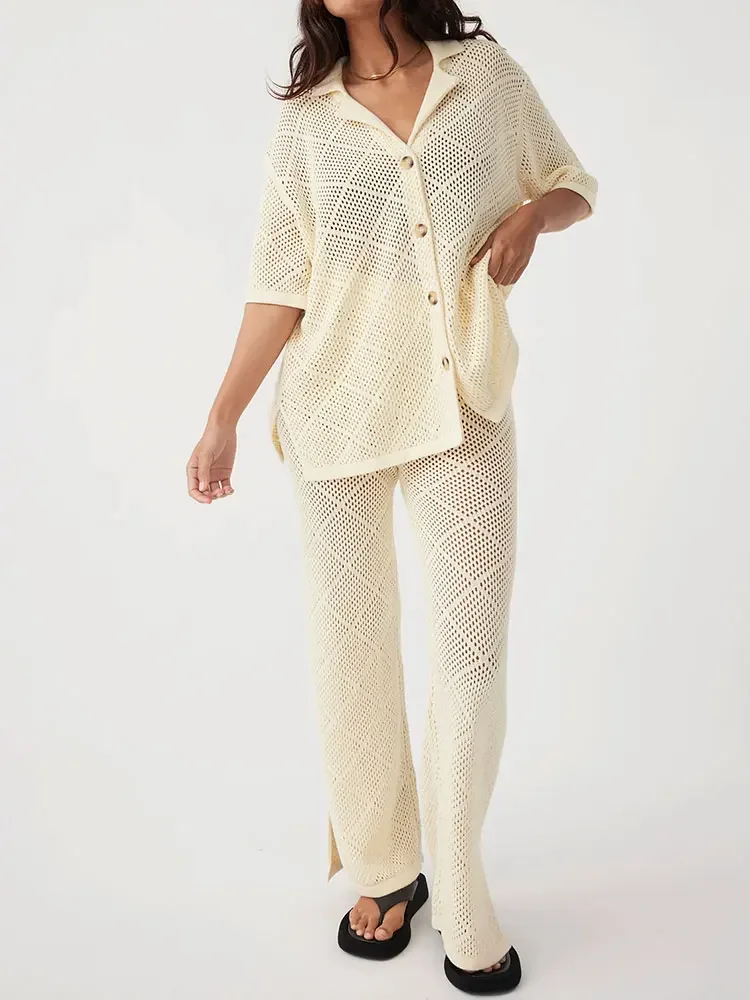 Женский повседневный вязаный свободный топ с короткими рукавами и лацканами