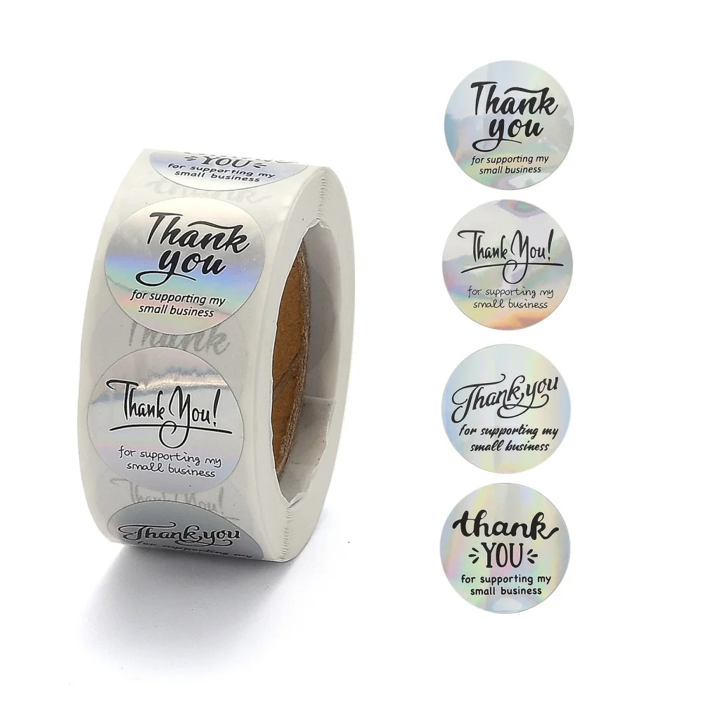 

500PCS Rainbow Laser Thank You Sticker for Mother's Day Valentine's Day Birthday Thanksgiving Day with 4 patterns/roll Word 25mm