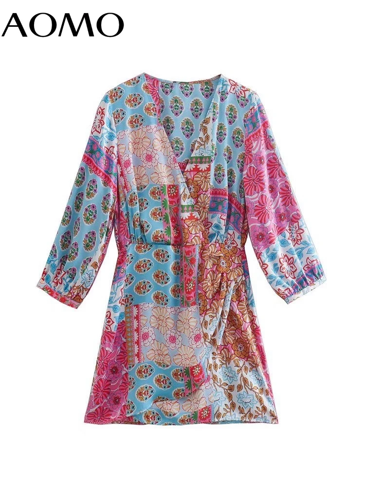 

Женское короткое платье с принтом пейсли AOMO, винтажное платье в стиле бохо с пышными длинными рукавами и V-образным вырезом, модель 5Z50A, 2022