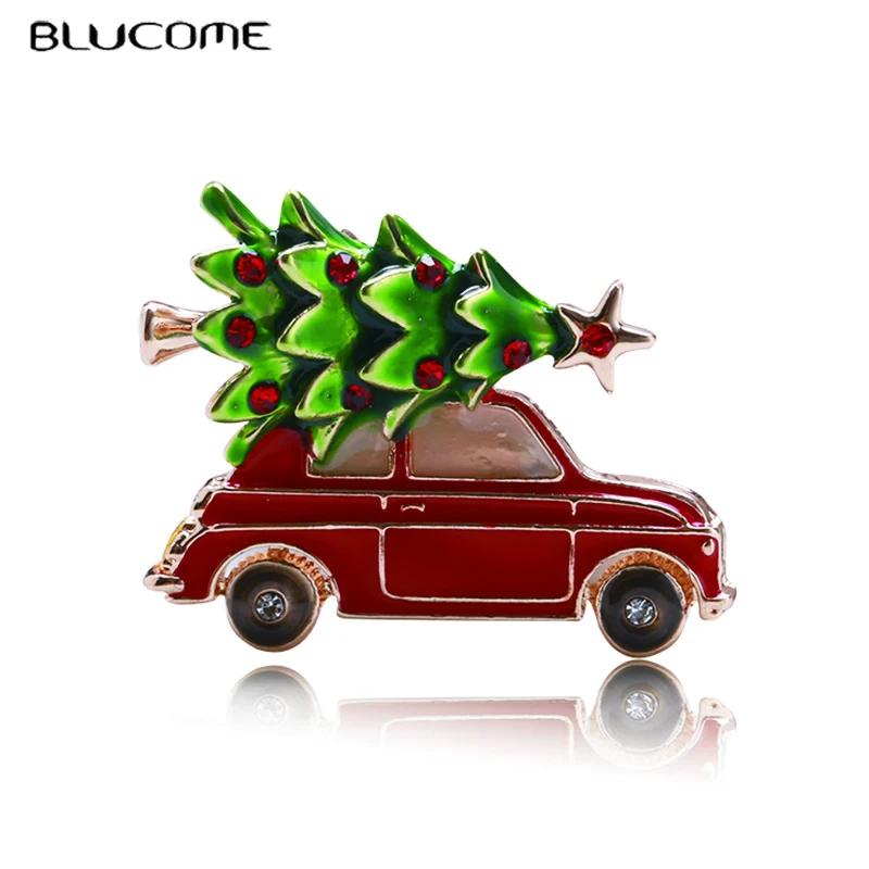 

Blucome Red Car With Christmas Tree Brooches Suit Lapel Pins Sweater Scarf Women Kids Brooch