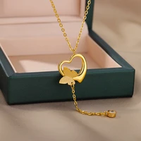 bohemia butterfly zircon pendant necklace for women stainless steel gold color hollow heart choker necklaces fashion jewelry