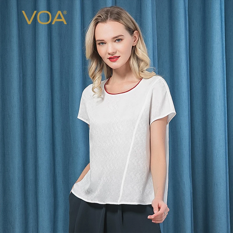 

(Clearance Sale)VOA Silk White Jacquard Raglan Short Sleeves Basics T-Shirts O-neck Simple Loose Summer Tops Women Clothing B63