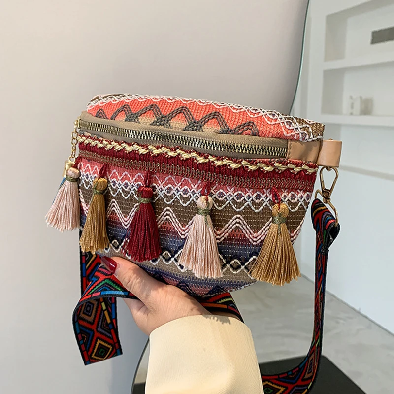 2023 Women Folk Style Waist Bags with Adjustable Strap Patchwork Color Fanny Pack with Fringe Decor Crossbody Chest Bags
