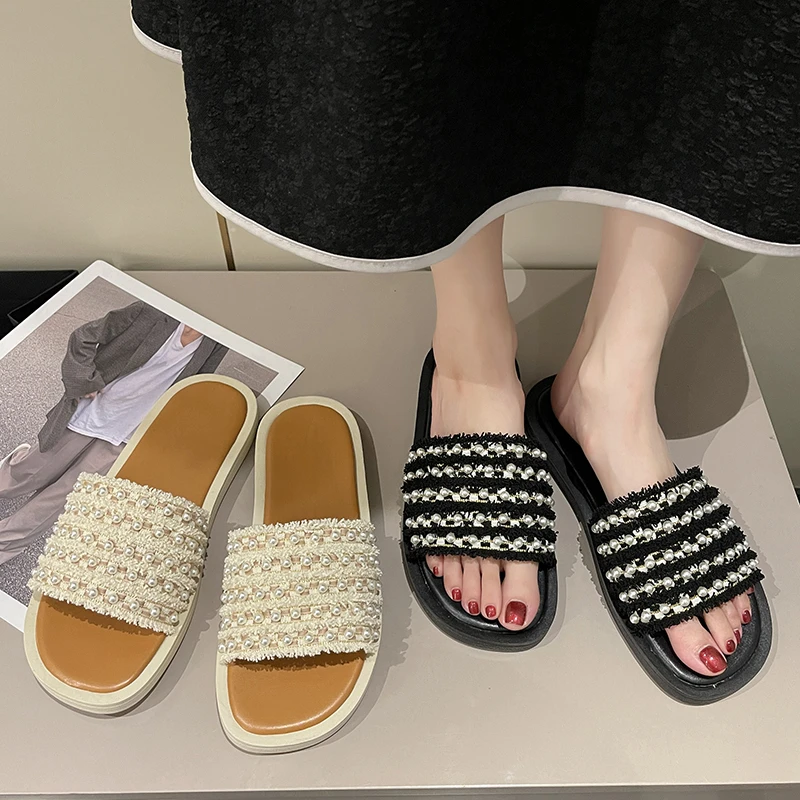 

Шлепанцы женские с бусинами, низкие тапки, роскошная пляжная обувь, сланцы, плоская подошва, дизайнерская модная ткань, полиуретан, резина, л...