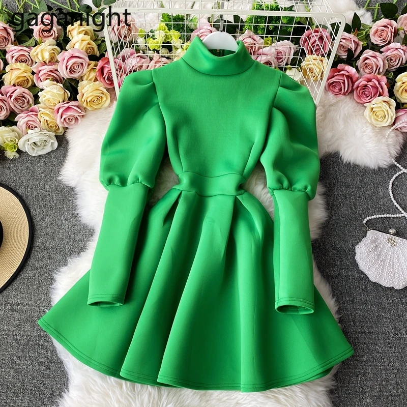 Gaganight Women French A line Big Swing Dress Female 2021 Autumn New Korean Temperament Ladies Puff Sleeve Waist Slimming | Женская