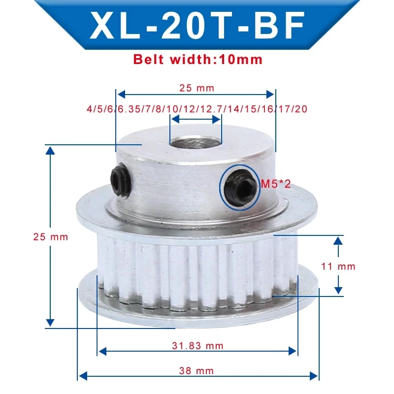 

XL 20T Timing Pulley BF Bore 4/5/6/14/20 mm Teeth Pitch 5.08 mm Aluminum Pulley Wheel Teeth Width 11mm For 10mm XL Timing Belt