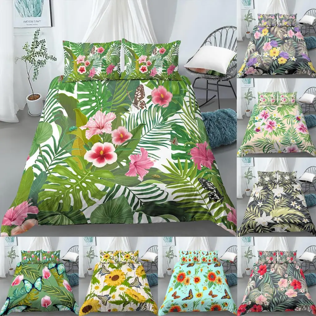 

Green Leaves Printed Duvet Cover Set Floral Bedding Set King Size Quilt Cover With Pillowcase Soft Skin Friendly Comforter Cover