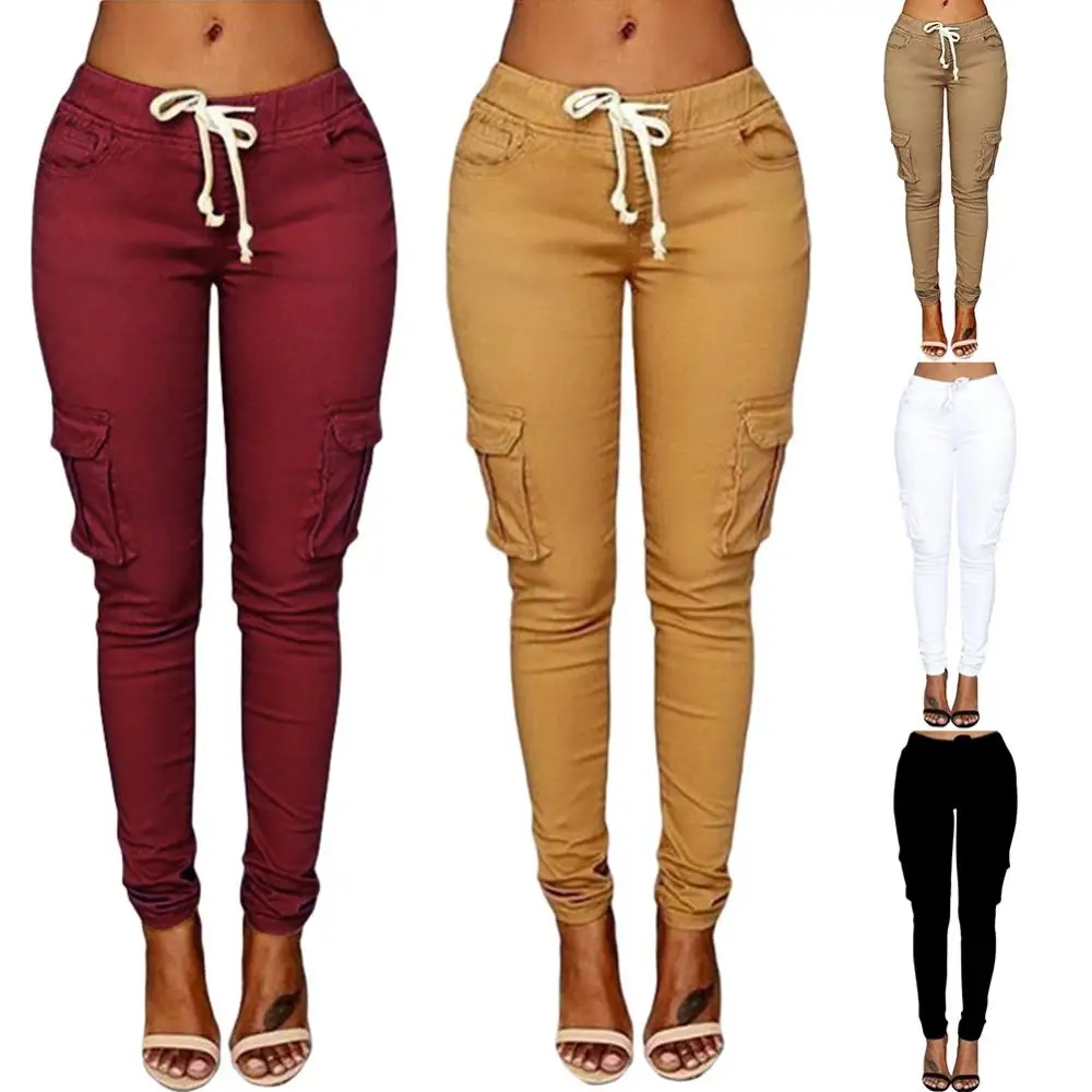 

Mather 2023 Spring Lace Up Waist Casual Women Pants Solid Pencil Pants Multi-Pockets Straight Trousers S-4XL