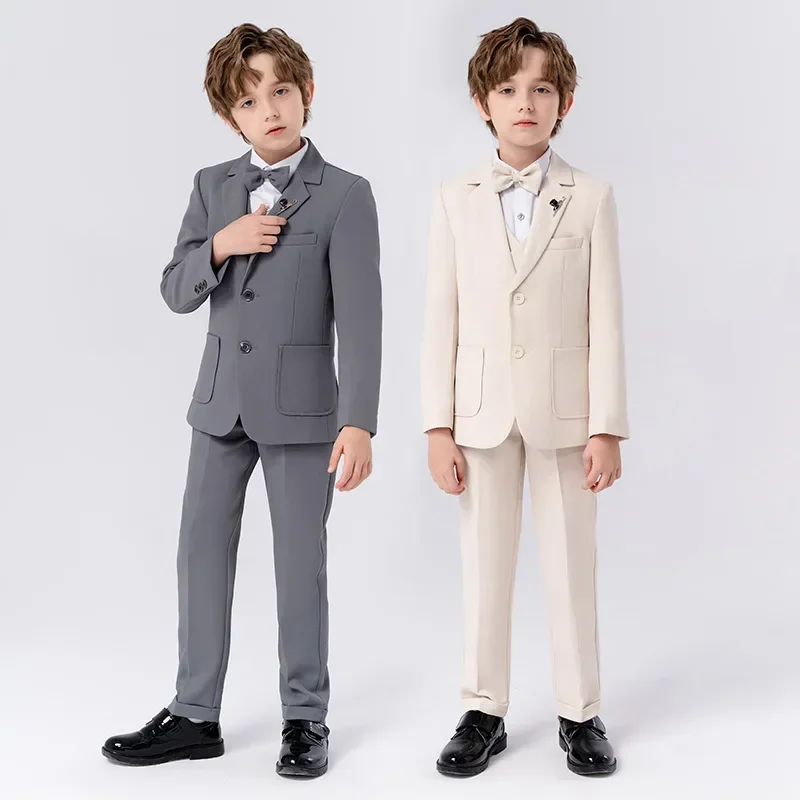 Boys Grey Blue Slim Fit Suits Formal Wear Childrens Teenagers Best man Performance Host Clothes Kids Students Party Full Dress