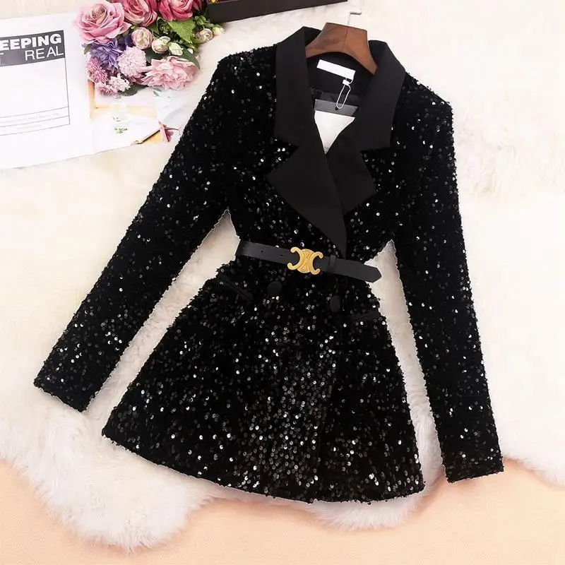 Women New Fashion Shiny Double-breasted Sequins Suit Jacket Female Cotton Coat Black Slim Fit Blazers Fall Clothes with Belt