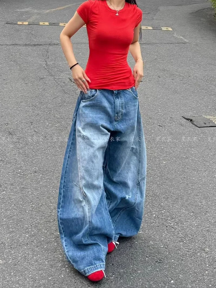 Женские синие мешковатые джинсы Y2k в стиле Харадзюку 90-х эстетические джинсовые