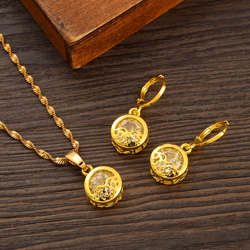 

Dubai Gold Color Women Party Jewelry Sets White Stone Charms For Girls Kid