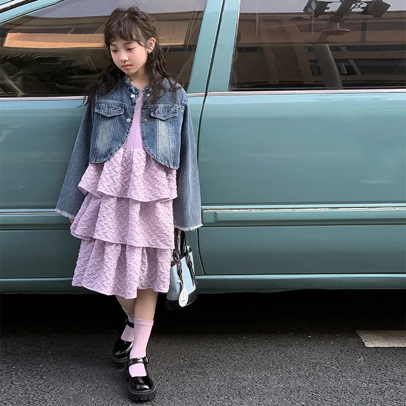 Джинсовая куртка с необработанными краями для девочек комплект из двух