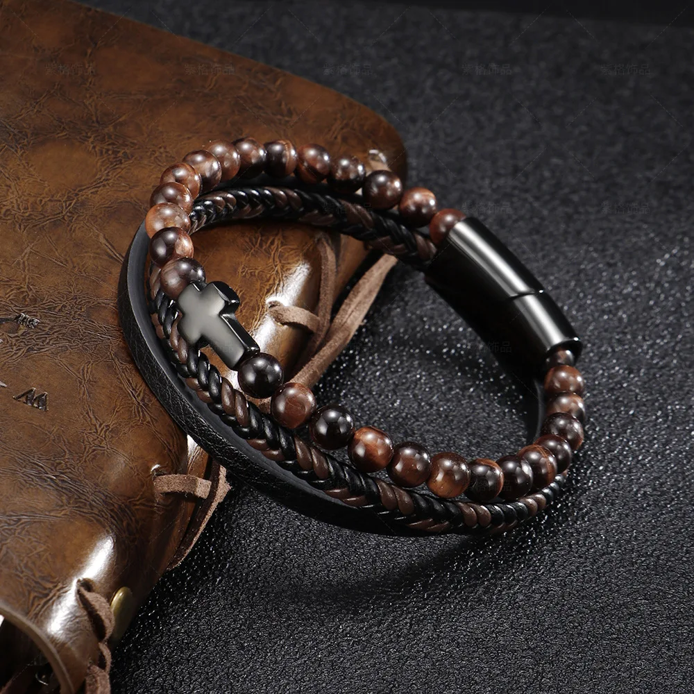 

New Braided Woven Leather with Natural Stone Agate Stone Bracelet for Men Stainless Steel Magnetic Clasp Bangles Pulsera Hombre