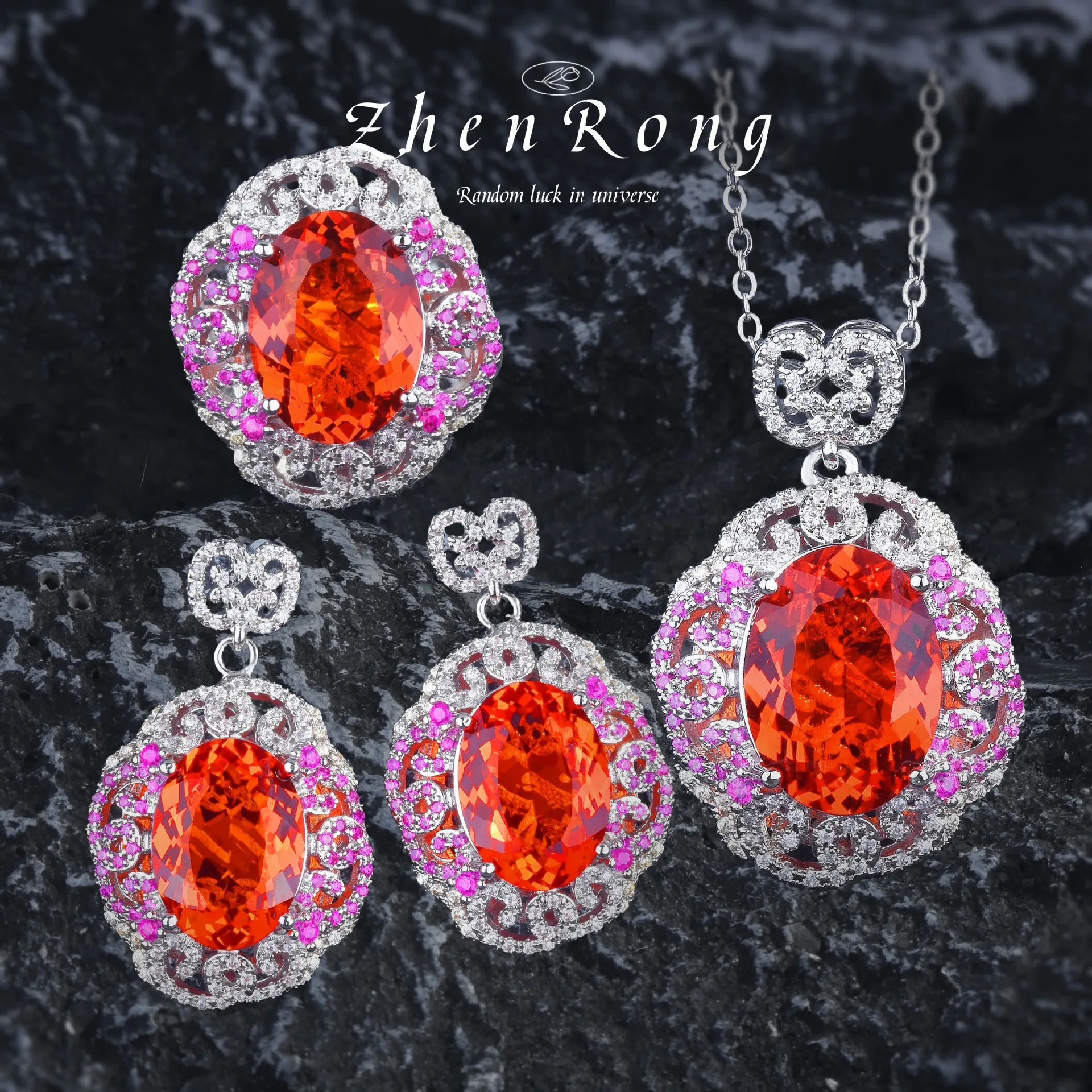 

Exquisite Luxury Color Zircon Jewelry Sets Women Fashion Silver Color Orange CZ Pendant Necklaces Earrings Rings Wedding Gifts