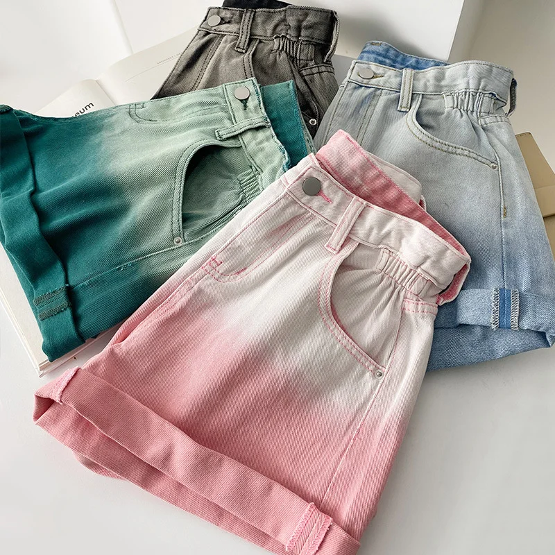 

Vintage Gradient Denim Shorts Women 2023 Summer High Waist Slimming Pink Short Jeans Colorful Casual Wide Leg Flanging Shorts